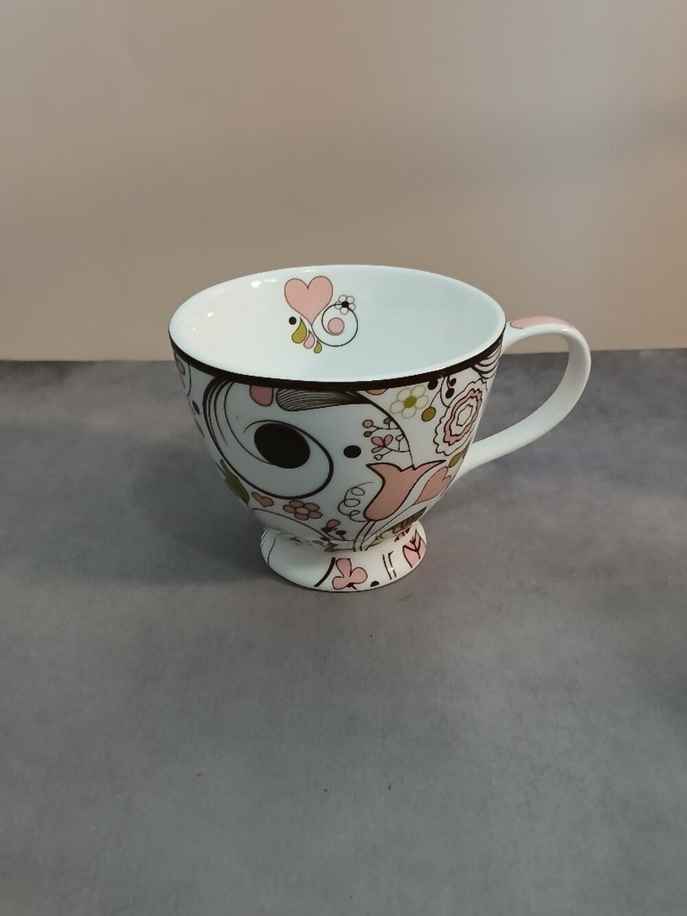 2011 Mary Kay Pedestal Belly Mug with Pink, Brown, Green Abstract Floral Pattern